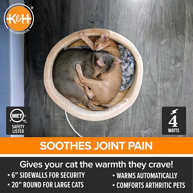 K&H Pet Products Thermo-Kitty Bed Heated Cat Bed for Indoor Cats , Electric Warming Bed for Cats and Small Dogs, Washable Thermal Plush Calming Round Pet Bed - Large 20" Sage/Tan
