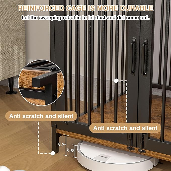 VECELO Dog Crate Furniture, 43 inch Wood Dog Crate End Table with Storage Drawers, Heavy Duty Dog Kennel Furniture Indoor, Rustic Brwon