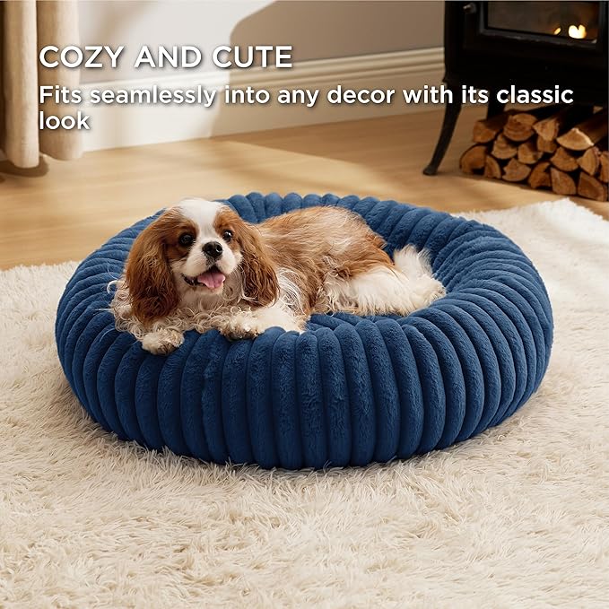 Bedsure Donut Medium Dog Bed - Washable Faux Fur with Corduroy Fleece & Anti Slip Bottom, Round Pet Beds with Removable Cover, Night Blue, 30x30x8 inches