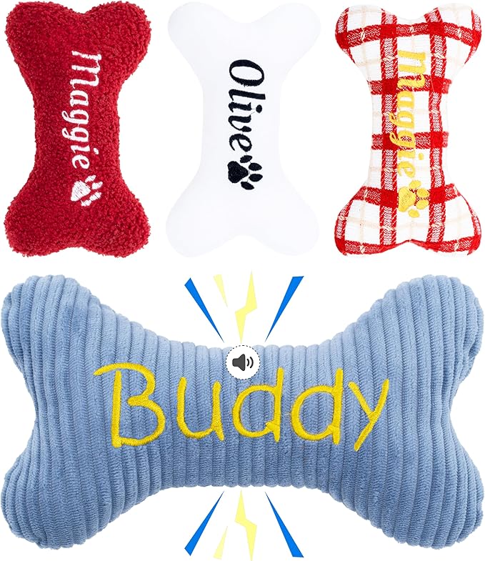 2025 Personalized Squeaky Dog Toys, Embroidered Bone Shape Corduroy Pet Pillow 8"x5"with Name, Dog Chew Puzzle Toy Custom Color Birthday Gifts for Small Medium Dogs