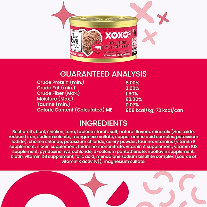 I AND LOVE AND YOU XOXOs Wet Cat Food - Chicken + Beef Pâté Variety Pack - Grain Free, Filler Free, 3oz Pack of 12 Cans