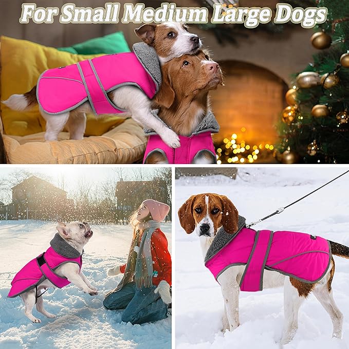 Dogcheer Dog Coat, Christmas Dog Jacket Waterproof Puppy Winter Coat for Cold Weather, Reflective Adjustable Pet Snow Jacket Warm Turtleneck Fleece Sweater for Small Medium Large Dogs - Pink, M
