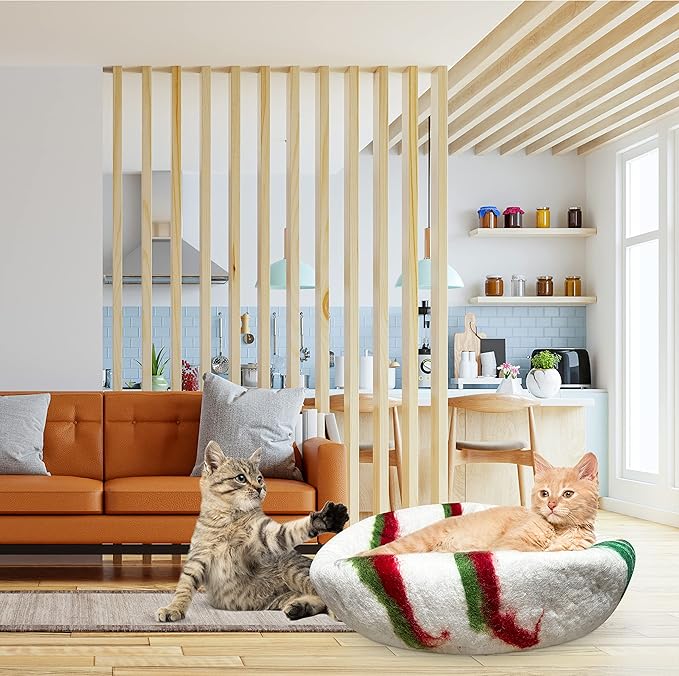 Woolygon Premium Felt Cat Cave Bed – Wool Kitty Beds Handcrafted Kitten Caves Bed for Indoor Cats - Made from 100% Eco-Friendly Merino Wool, Foldable Cat Hidewawy Covered Cat House Pod (Candy Swirl)