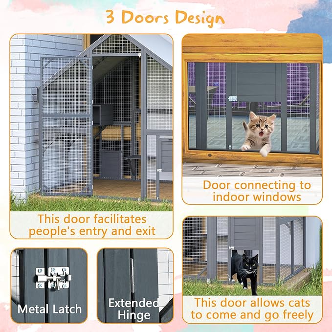 28ft² Large Outdoor Cat House, Luxury Wooden Walk-in Catio Enclosure with 2 Doors & 2 Hiding Houses, Escape-Proof Locks + Waterproof Roof - Customizable Multi-Cat Playpen (Gray)