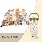 30oz Floral Cat Tumbler with Handle and Straw, Stainless Steel Vacuum Insulated Coffee Tumbler, Travel Mug Water Bottle, Cute Cat Stuff Gifts for Women