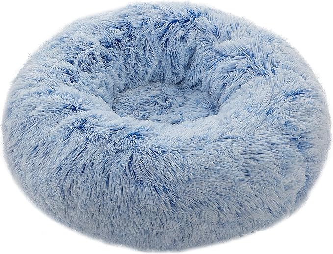Calming Donut Dog Bed Small, Plush Round Cuddler Dog & Cat Cushion Bed, Anit-Anxiety Marshmellow Fluffy Faux Fur, Self-Warming Comfy Cozy Pet Bed (20", Light Blue)