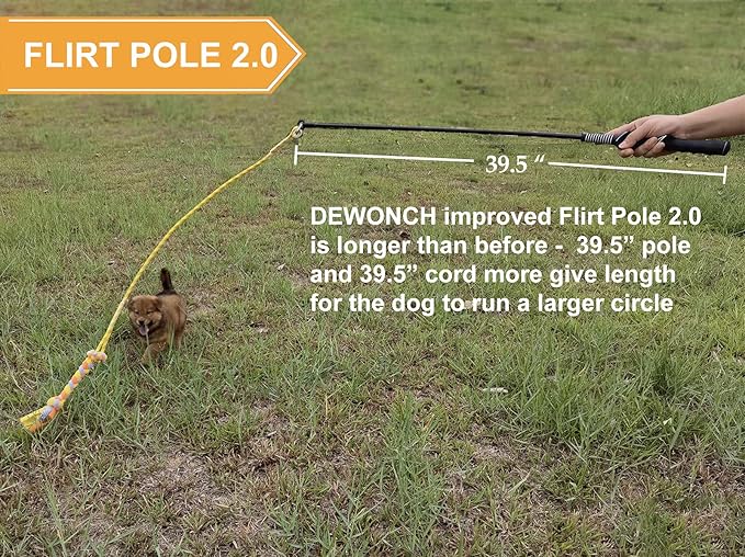 Dewonch Flirt Pole Dog Toys for Training & Exercise,Durable Teaser Stick with Fleece Rope Lure for Medium & Large Pets to Fetch Chase Pull and Tug of War (Yellow, POLE-39.5 inches)