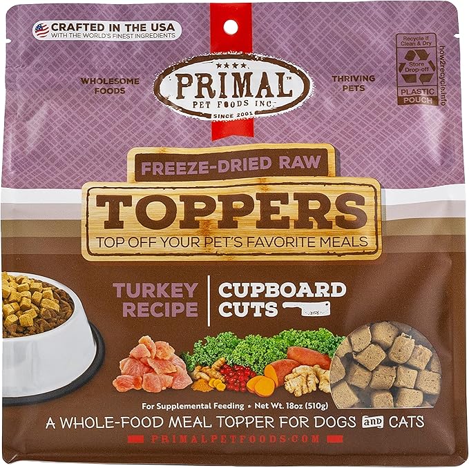 Primal Dog Food Toppers & Cat Food Toppers, Cupboard Cuts, Grain Free Meal Mixers with Probiotics, Raw Freeze Dried Dog Treats & Cat Treats, Great for Training (Turkey, 18 oz)