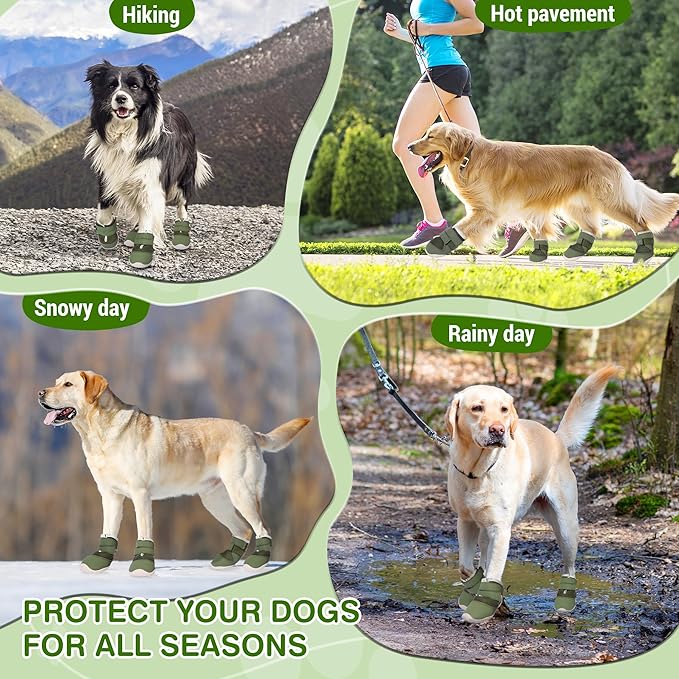 DcOaGt Dog Shoes for Large Dogs, Mesh Breathable Dog Boots & Paw Protectors for Hot Pavement Summer Winter Snow, 360° Anti-Slip Dog Booties for Hiking/Walking,Military Green 4PCS(Size 7)