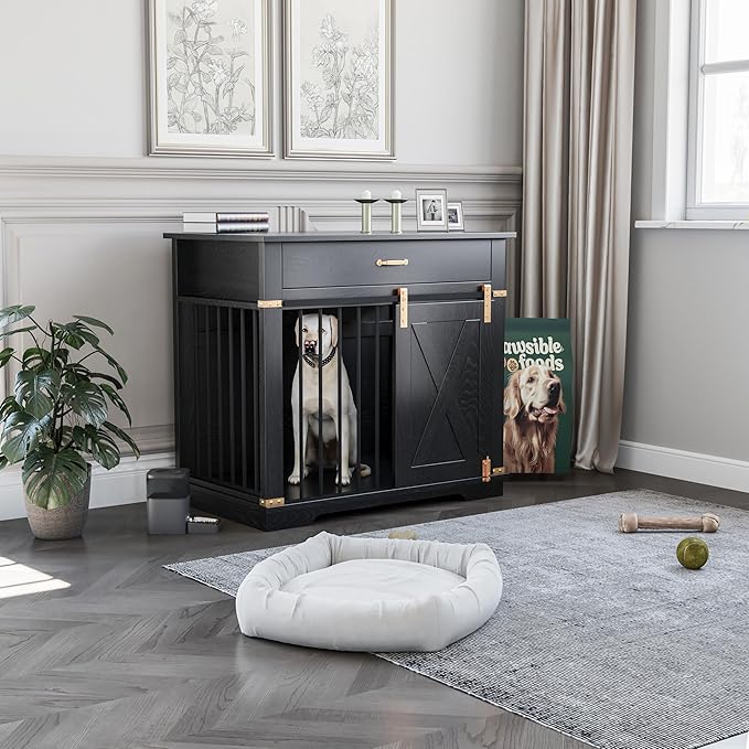 37.8'' Dog Crate Furniture with Storage Drawer, Decorative Wooden Dog Kennel with Sliding Barn Door, Indoor Water Resistant Cage for Pet, Small, Medium, Large Dog (Black Gold Oak)