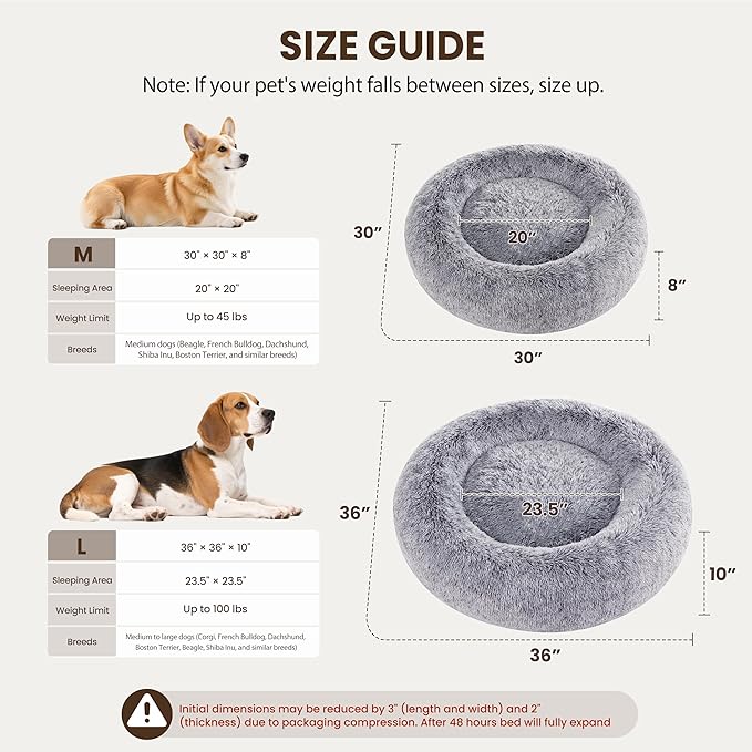 Donut Dog Bed Medium Size Dog, Round Cat Beds for Small Medium Dogs and Cats with Washable Fluffy Faux Fur, Cute Comfort Pet Bed with Anti-Slip Bottom, Grey, 36"