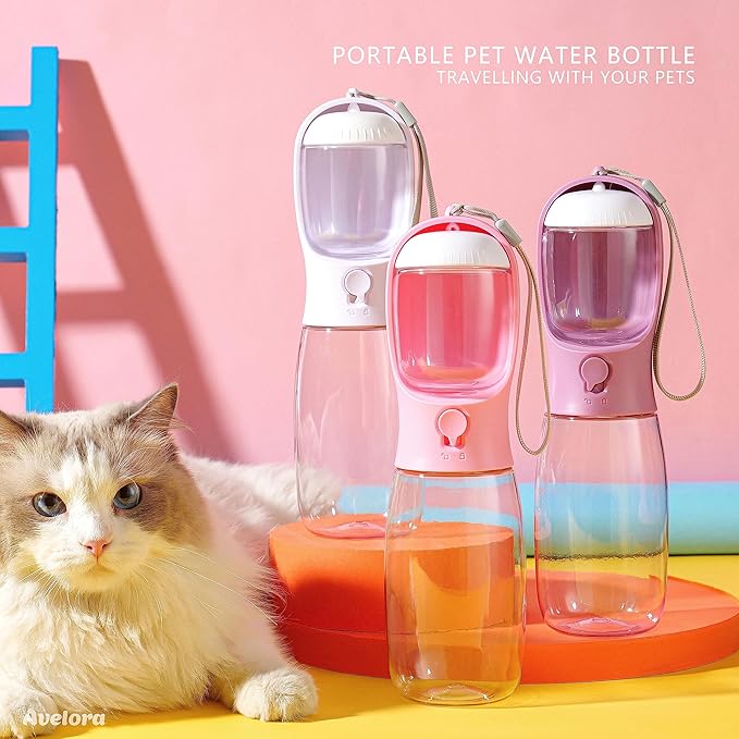 Portable Dog Water Bottle with Food Container,15oz Leak-Proof Pet Water Dispenser for Dogs, Cats, Puppies,Built-in Activated Carbon Filter for Travel,Hiking, Walking,and Outdoor Activities