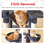 66-Inch Tall Cat Tree for Indoor Cats, Multi-Level Large Cat Tower with 3 Hammocks, 2 Padded Perches, cat Tree Tower with Scratching Post and Hanging Toys for Large Adult,Smoky Grey