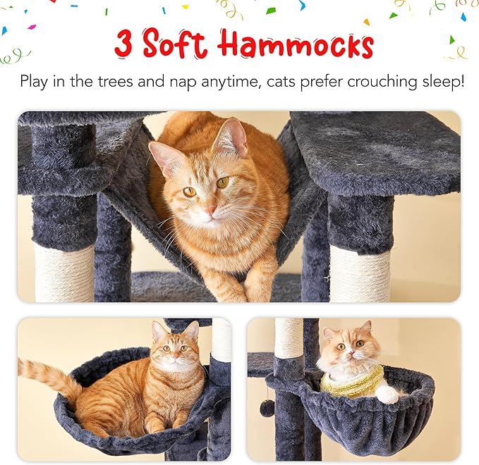 66-Inch Tall Cat Tree for Indoor Cats, Multi-Level Large Cat Tower with 3 Hammocks, 2 Padded Perches, cat Tree Tower with Scratching Post and Hanging Toys for Large Adult,Smoky Grey