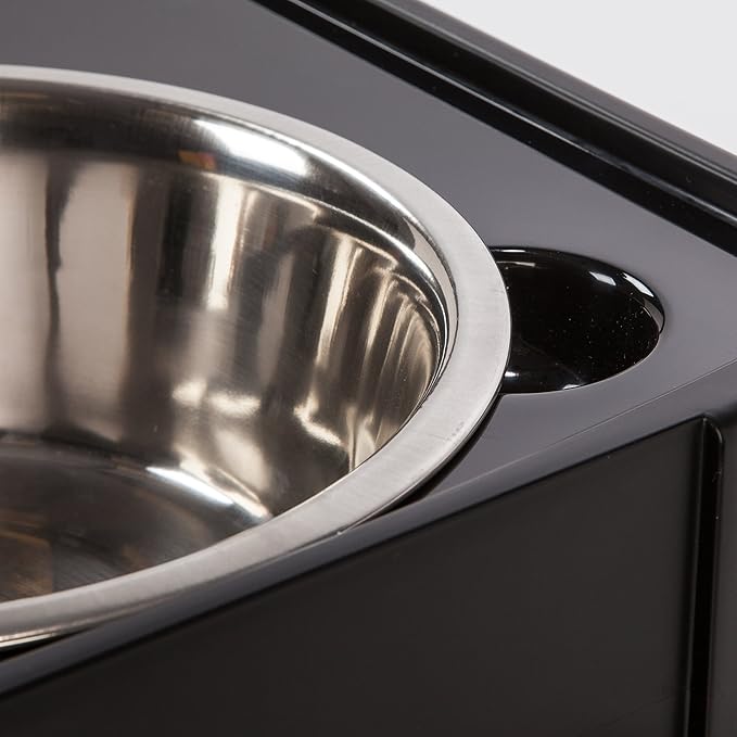 IRIS USA Elevated Dog Bowls, 15" H Raised Bowl for Large Dogs, Airtight Pet Food Storage Holds Up to 47 Lbs, 2 Removable 64 oz Stainless Steel Bowls, at Home or Camping, Smoke/Black