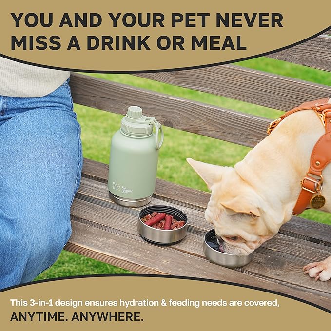 32oz 3-in-1 Travel Water Bottle for Dogs & Humans, Dual Use, Stainless Steel, Keeps Water Hot 6hrs/Cold 12hrs, Leak-Proof with Detachable Food & Water Bowls, Perfect for Travel