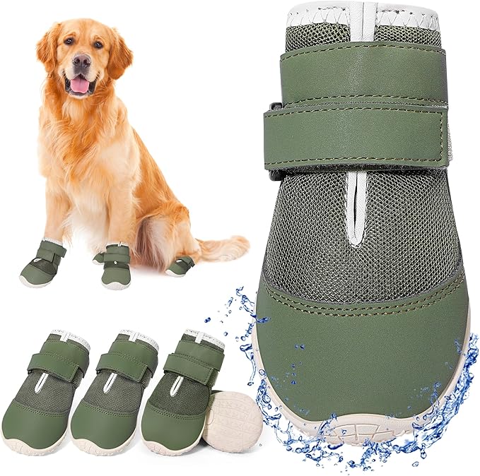 DcOaGt Dog Shoes for Large Dogs, Mesh Breathable Dog Boots & Paw Protectors for Hot Pavement Summer Winter Snow, 360° Anti-Slip Dog Booties for Hiking/Walking,Military Green 4PCS(Size 8)