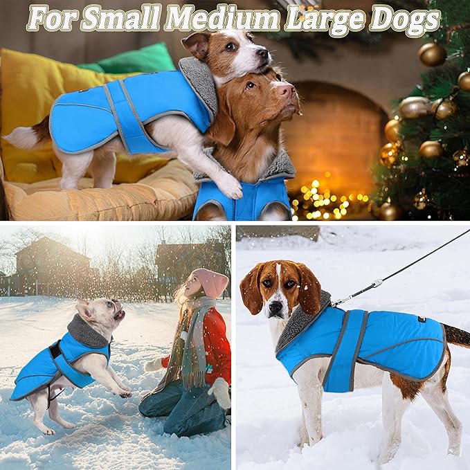 Dogcheer Dog Coat, Christmas Dog Jacket Waterproof Puppy Winter Coat for Cold Weather, Reflective Adjustable Pet Snow Jacket Warm Turtleneck Fleece Sweater for Small Medium Large Dogs - Sky Blue, XL
