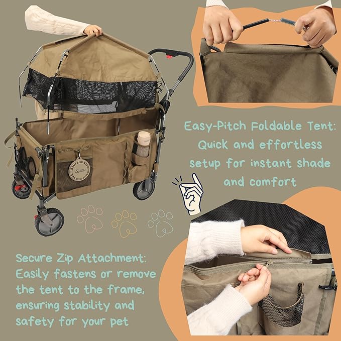 Foldable Pet Wagon Dog Stroller with Removable Fully Zipped Tent, Pet Travel Wagon with Extendable Ramp Built-in Storage Attached Water and Food Station