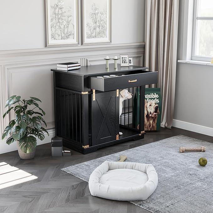37.8'' Dog Crate Furniture with Storage Drawer, Decorative Wooden Dog Kennel with Sliding Barn Door, Indoor Water Resistant Cage for Pet, Small, Medium, Large Dog (Black Gold Oak)