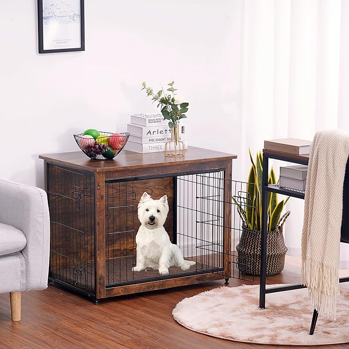 DWANTON Dog Crate Furniture with Cushion, Wooden Kennel Table with Double Doors, Indoor Dog House, Small/Medium/Large/Extra Large Size, 27.2" L, Rustic Brown