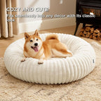 Bedsure Donut Large Dog Bed - Washable Faux Fur Dog Beds Large Sized Dog with Corduroy Fleece & Anti Slip Bottom, Round Pet Beds with Removable Cover, Cream, 36x36x10 inches