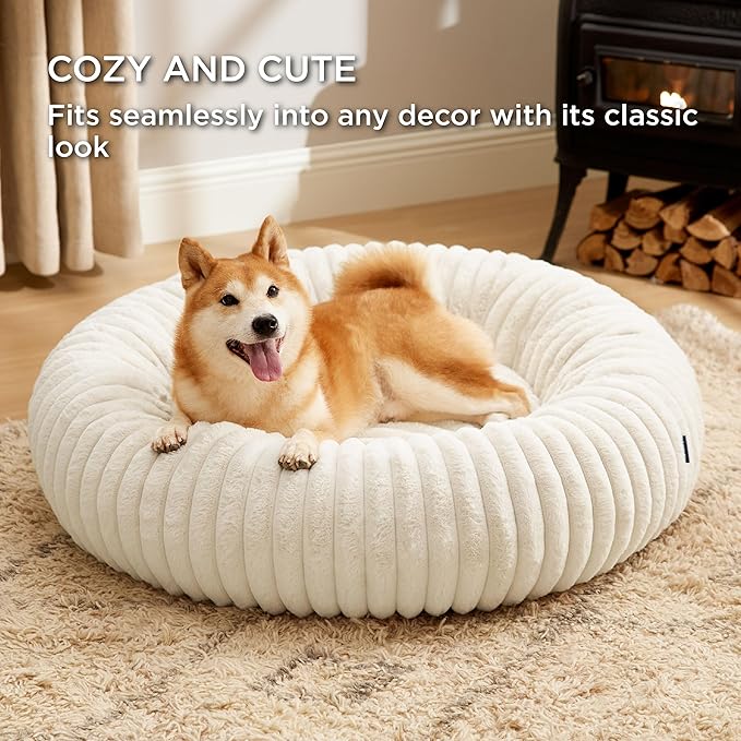 Bedsure Donut Large Dog Bed - Washable Faux Fur Dog Beds Large Sized Dog with Corduroy Fleece & Anti Slip Bottom, Round Pet Beds with Removable Cover, Cream, 36x36x10 inches