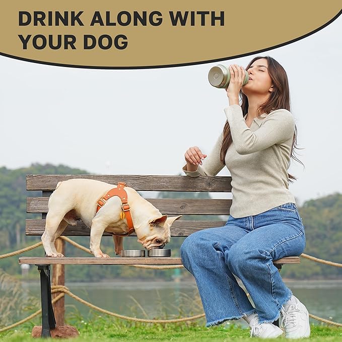 32oz 3-in-1 Travel Water Bottle for Dogs & Humans, Dual Use, Stainless Steel, Keeps Water Hot 6hrs/Cold 12hrs, Leak-Proof with Detachable Food & Water Bowls, Perfect for Travel