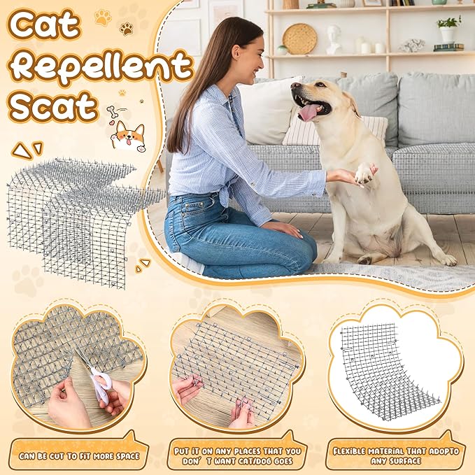 Sanwuta 2 Pcs 26.3 ft Cat Spike Mat Outdoor Cat Deterrent Mat with Spikes Prickle Strips Indoor Dog Digging Deterrent Anti Network Spikes with 10 Staples for Garden Fence(Gray)