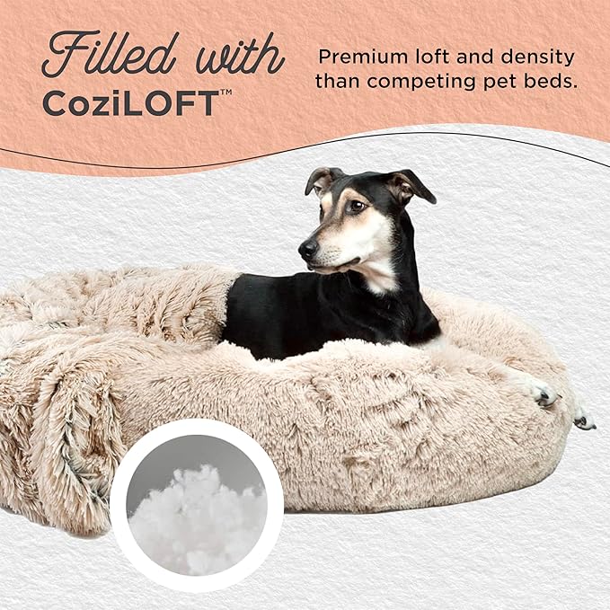 Best Friends by Sheri Bundle Set The Original Calming Shag Donut Cuddler Cat and Dog Bed + Pet Throw Blanket, Taupe, Small, 23x23