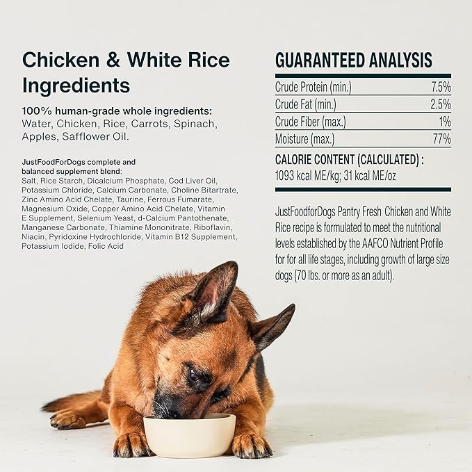 JustFoodForDogs Pantry Fresh Wet Dog Food, Complete Meal or Dog Food Topper, Chicken & White Rice Human Grade Dog Food Recipe - 12.5 oz (Pack of 12)