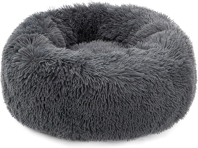 Calming Donut Dog Bed Small, Plush Round Cuddler Dog & Cat Bed, Anit-Anxiety Marshmellow Fluffy Faux Fur Cushion(20", Deep Grey)