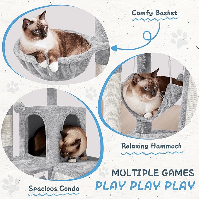 Yaheetech Cat Tree Tower, 40-Inch Condo with Hammock, Oversized Soft Platform, Scratching Board, Basket, Pet Beds & Furniture for Large Kittens, Light Gray