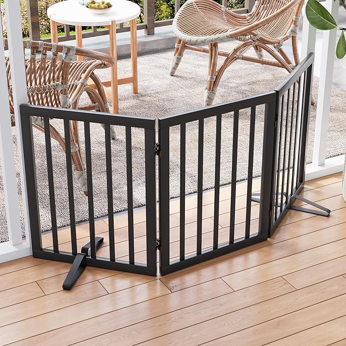 Semiocthome Bamboo Freestanding Dog Gates for Doorways,3-Panel Indoor Puppy Gates for the House with 2 Metal Stands,24"H Folding Pet Gate for Stairs Expands Up to 55"W Fully Assembled Stair Gate Black