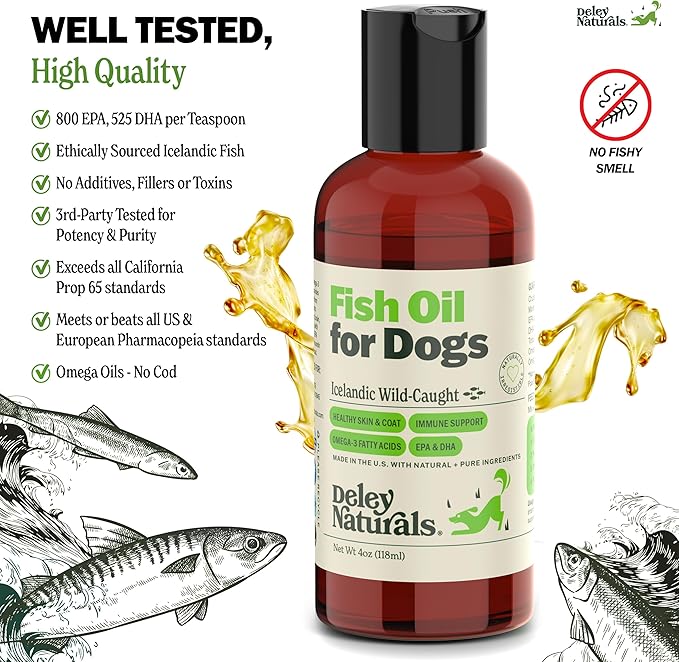 Deley Naturals Dog Fish Oil Icelandic 2X Omega - Dog Itching Skin Relief with Omega 3 6 9 for Allergies, Coat & Heart - Omega 3 Fish Oil for Dogs Skin Irritation - 4oz Omega Oil for Dogs Made in USA