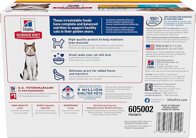 Hill's Science Diet Adult 7+, Senior Adult 7+ Premium Nutrition, Wet Cat Food, Variety Pack: Chicken; Tuna Stew, 2.8 oz Pouch Variety Pack, Case of 12