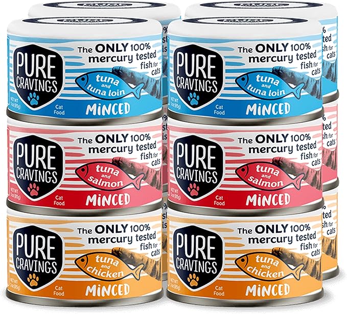 Minced Tuna Wet Canned Cat Food, 100% Mercury-Tested, Moist Can Fish for Cats, Grain-Free, Protein, Non-GMO, Variety Pack, 3oz, Pack of 12
