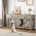 71'' Double Dog Crate Furniture, Large Dog Kennel Indoor with 3 Storage Drawers and Removable Divider for 2 Dogs, Heavy Duty Decorative Dog House TV Stand Side Table for Medium Large Dogs, Grey