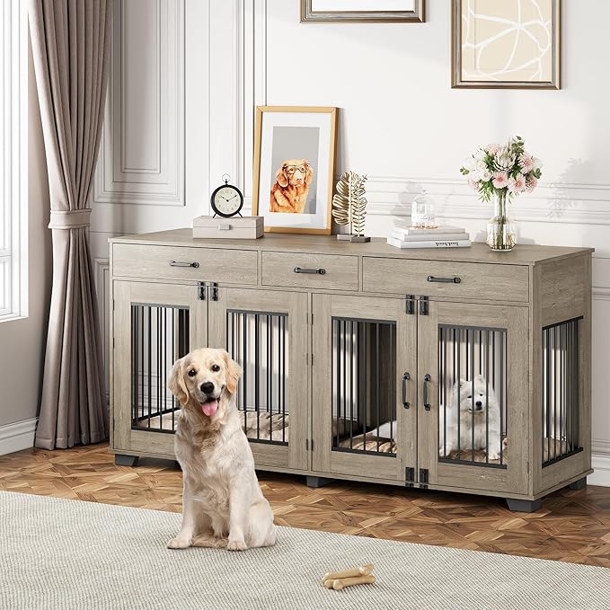 71'' Double Dog Crate Furniture, Large Dog Kennel Indoor with 3 Storage Drawers and Removable Divider for 2 Dogs, Heavy Duty Decorative Dog House TV Stand Side Table for Medium Large Dogs, Grey