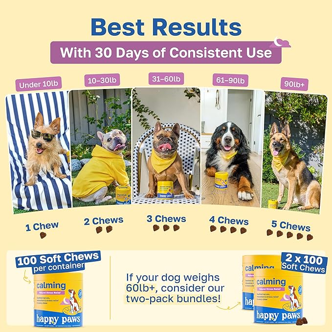 Happy Paws Calming Chews for Dogs, Soft Chews with Chamomile, Passion Flower, Valerian Root, Tryptophan & Theanine, Supports Relaxation, Balanced Behavior & Sleep, Vegan Peanut Butter Flavor 100 Count
