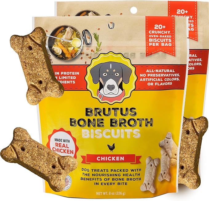 Brutus Bone Broth Biscuits (Chicken) - Healthy Dog Treats - Natural Biscuits with Dog Bone Broth and Real Chicken Meat - 18 Grams of Protein - 8 OZ (Pack of 2)