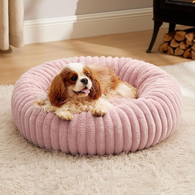 Bedsure Donut Medium Dog Bed - Washable Faux Fur Dog Bed Medium Size Dog with Corduroy Fleece & Anti Slip Bottom, Round Pet Beds with Removable Cover, Blush Pink, 30x30x8 inches