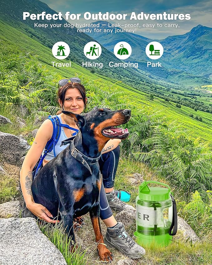 Dog Water Bottle Travel Bowl - 77oz Large Portable Dog Water Bowls Dispenser for Camping Essentials Hiking Traveling Beach Car Park Accessories, Leak Proof Pet Drinking Bottle Dispenser, Green