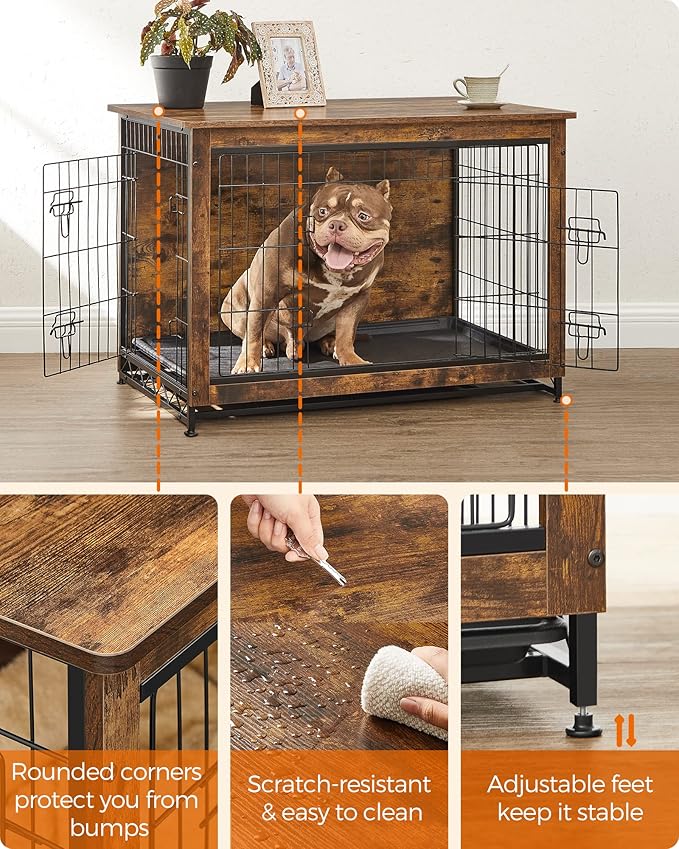 Feandrea Dog Crate Furniture, 38.6" Side End Table, Modern Kennel for Dogs Indoor up to 70 lb, Heavy-Duty Dog Cage with Multi-Purpose Removable Tray, Double-Door Dog House, Rustic Brown UPFC003X01