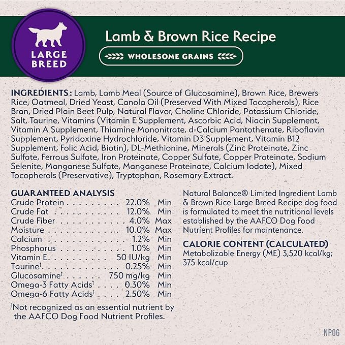 Natural Balance Limited Ingredient Large Breed Adult Dry Dog Food with Healthy Grains, Lamb & Brown Rice Recipe, 12 Pound (Pack of 1)