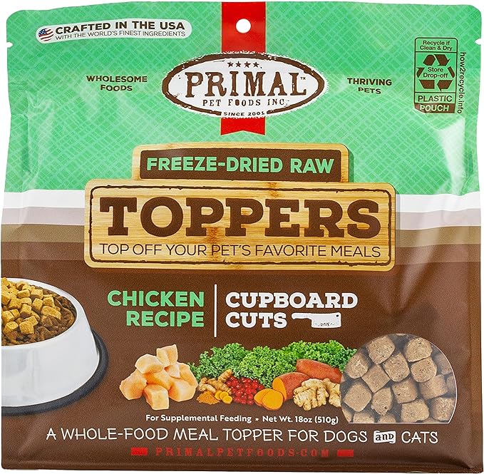 Primal Dog Food Toppers & Cat Food Toppers, Cupboard Cuts, Grain Free Meal Mixers with Probiotics, Raw Freeze Dried Dog Treats & Cat Treats, Great for Training, (Chicken, 18 oz)
