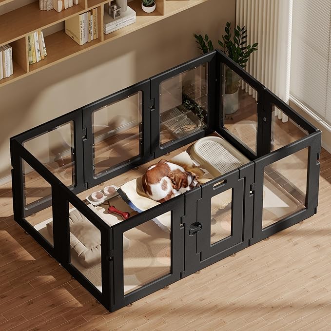 Clear Acrylic Dog Playpen with Door, Puppy Playpen for Indoor Use with Heavy Duty Door Lock, Easy Assemble Pet Pen Fence for Small Dogs and Puppies (Black, 24 in-H, 10 Panel)