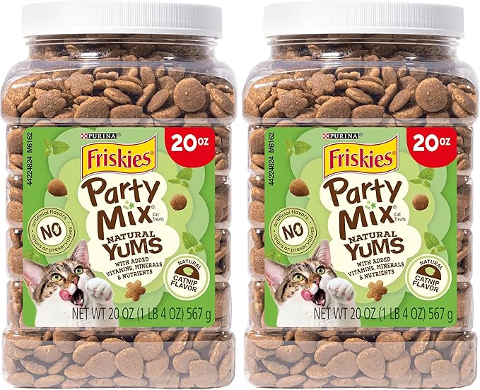 Friskies Purina Made in USA Facilities, Natural Cat Treats, Party Mix Natural YUMS Catnip Flavor - 20 Ounce (Pack of 2)