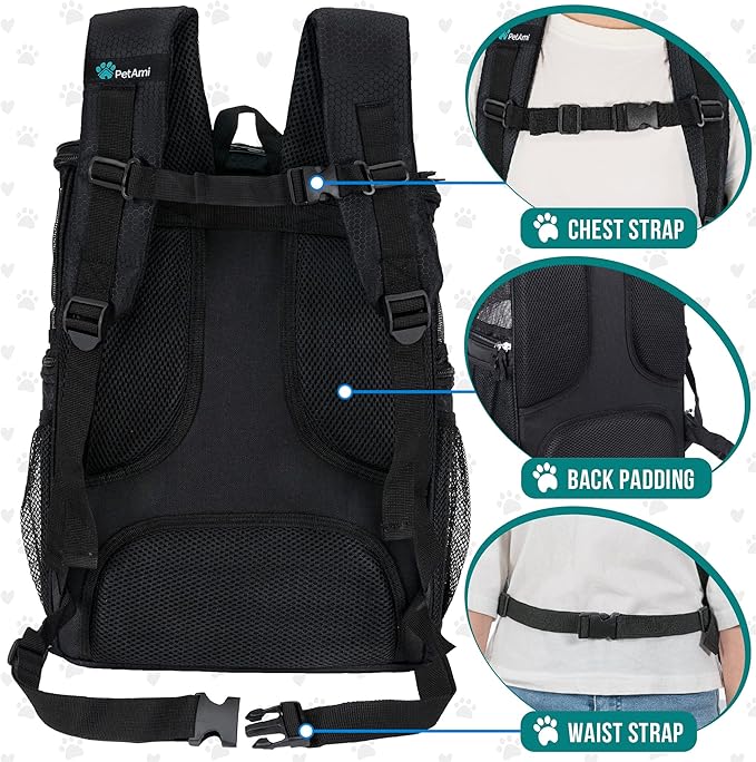 PetAmi Dog Backpack Carrier, Airline Approved Cat Backpacks for Carrying Small Large Cats, Pet Carrier Back Pack, Ventilated Soft Sided for Travel, Hiking, Camping, Max 18 lbs, Black