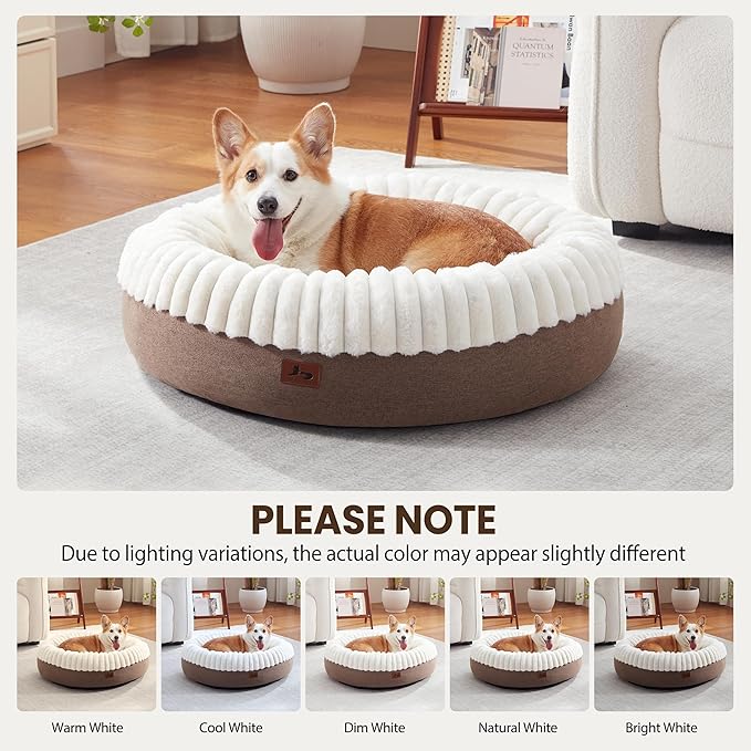 Donut Dog Bed Medium Size Dog, Round Cat Beds for Small Medium Dogs and Cats with Washable Fluffy Faux Fur, Cute Comfort Pet Bed with Anti-Slip Bottom, Cream, 30"